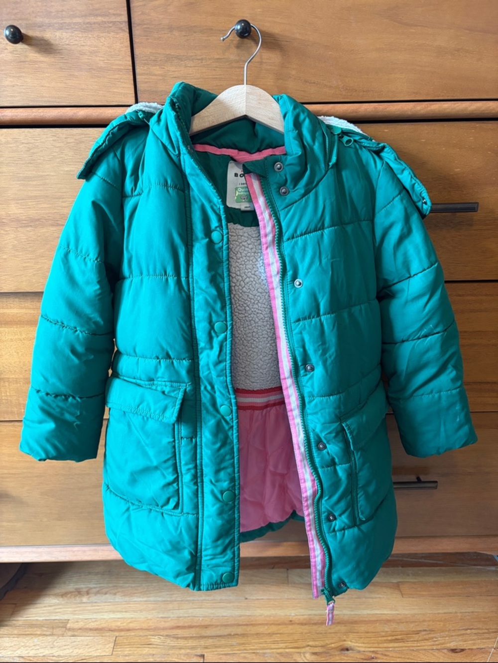 Boden 4-5 Green Puffer Coat with Hood